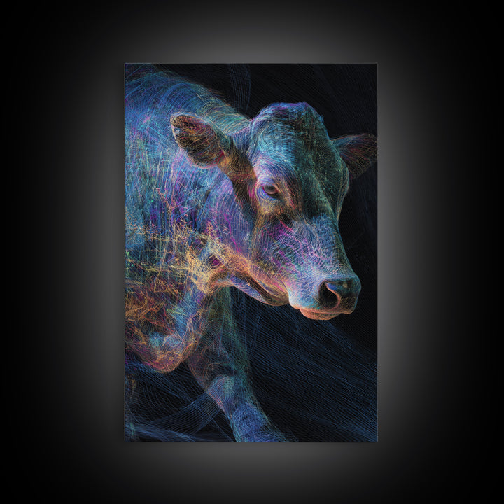 Neon Rainbow Cow Portrait Canvas Print, Abstract Animal Wall Decor, Electric Blue Farmhouse Art, Modern Black Home Decor