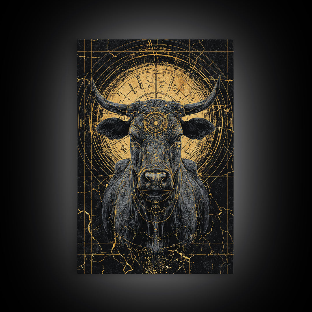 Sacred Black And Gold Bull Framed Canvas Print, Geometric Animal Wall Art, Mystical Farm Decor, Dramatic Statement Piece