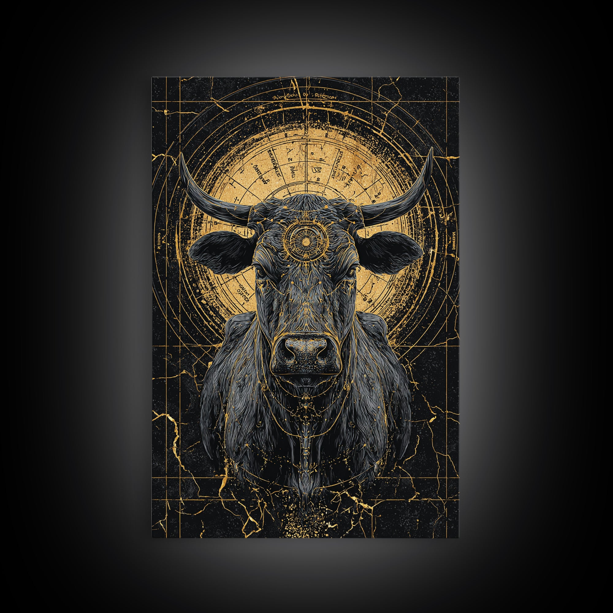 Sacred Black And Gold Bull Framed Canvas Print, Geometric Animal Wall Art, Mystical Farm Decor, Dramatic Statement Piece