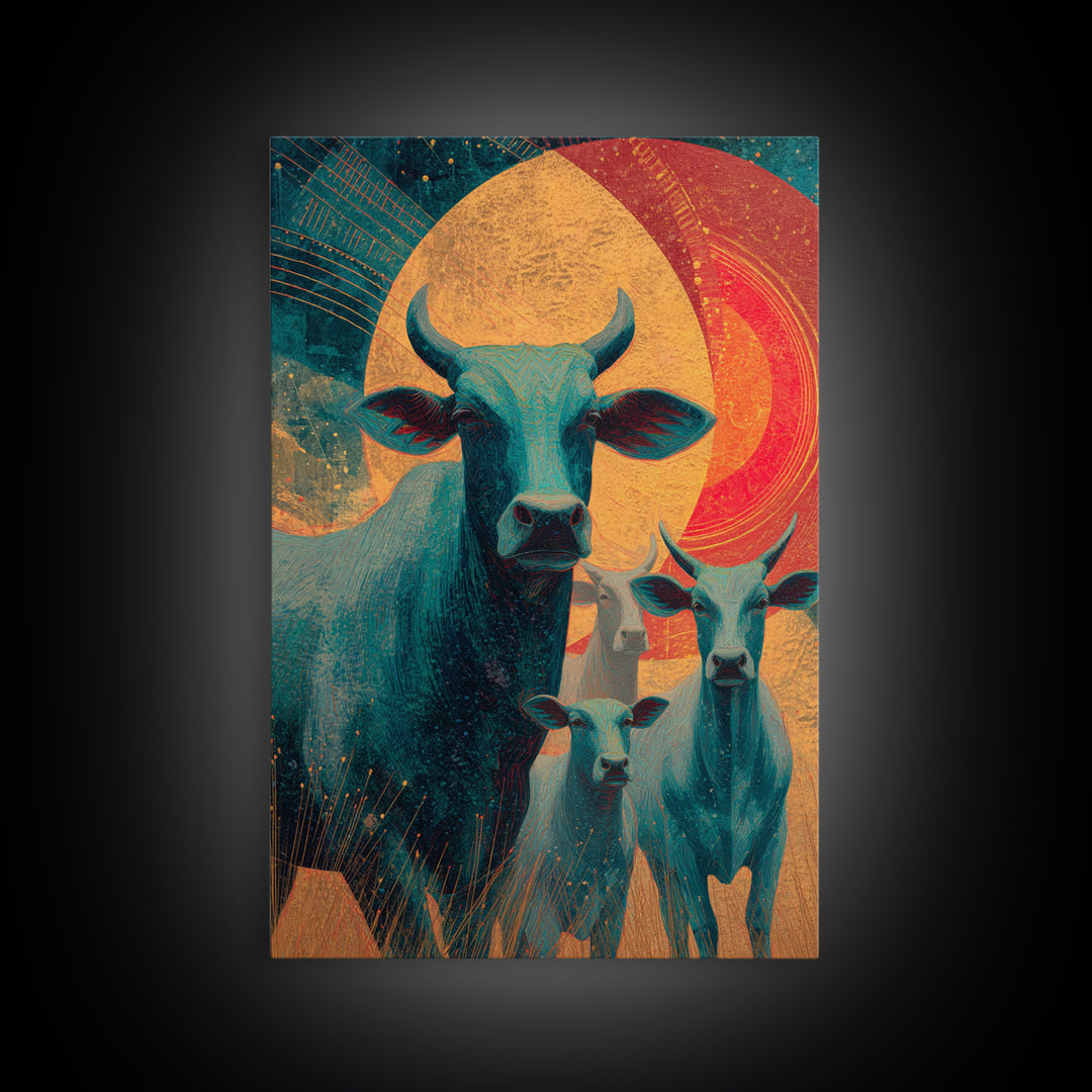 Retro Teal Cattle Family Canvas Print, Orange Sun Animal Wall Decor, Southwestern Farm Painting, Bold Living Room Art Gift