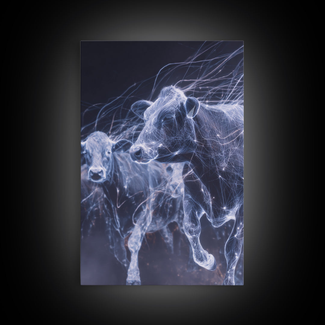 Glowing Running Cows Wall Art, Ethereal Blue Animal Canvas Print, Motion Study Farm Decor, Dreamy Modern Statement Piece