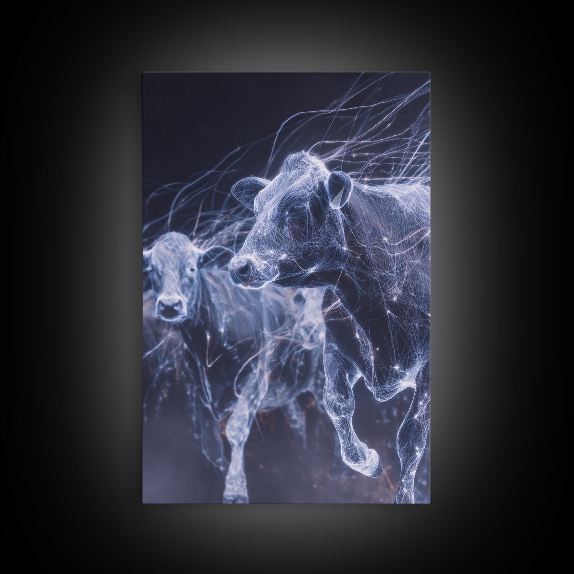 Glowing Running Cows Wall Art, Ethereal Blue Animal Canvas Print, Motion Study Farm Decor, Dreamy Modern Statement Piece