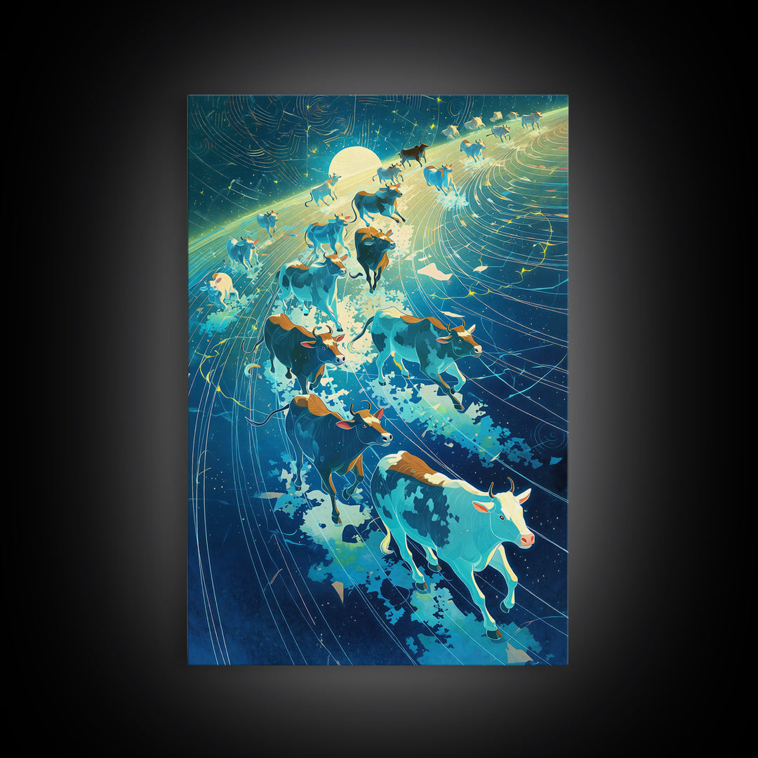 Cosmic Cattle Herd In Motion Wall Art, Blue Galaxy Animal Canvas Print, Dynamic Farm Decor, Unique Living Room Statement