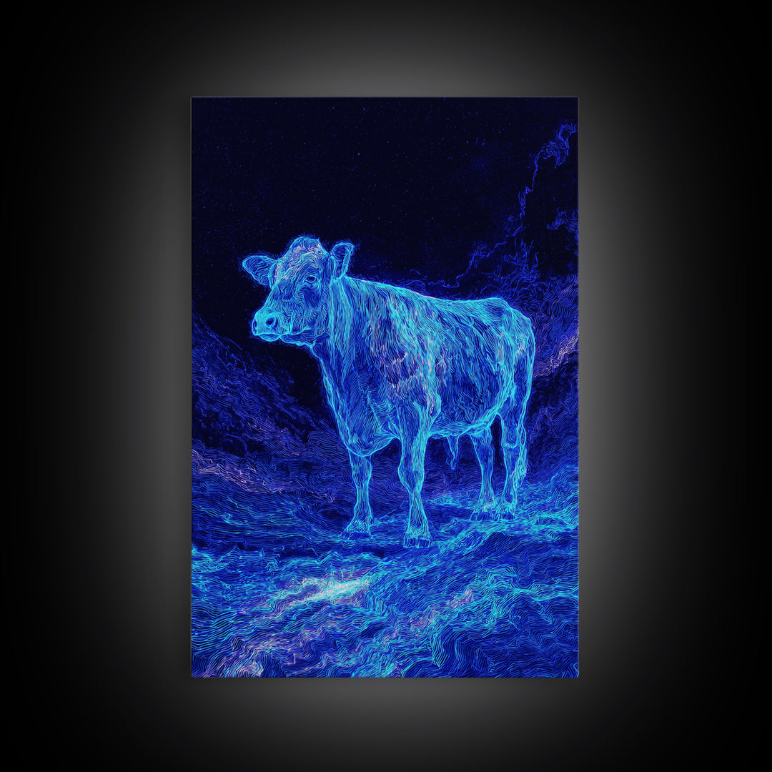 Electric Blue Cow Landscape Canvas Print, Neon Animal Wall Art, Mystical Night Farm Decor, Modern Nature Scene Painting Gift