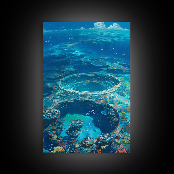 Underwater Ocean City With Coral Reef, Canvas Print, Blue Beach Art, Modern Wall Decor, Living Room Art, Unique Home Decor Gift