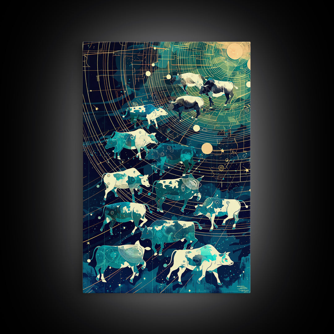 Celestial Cattle Herd Under Golden Star Map, Wall Art, Farm Animal Painting, Modern Canvas Art, Rustic Decor, Unique Gift