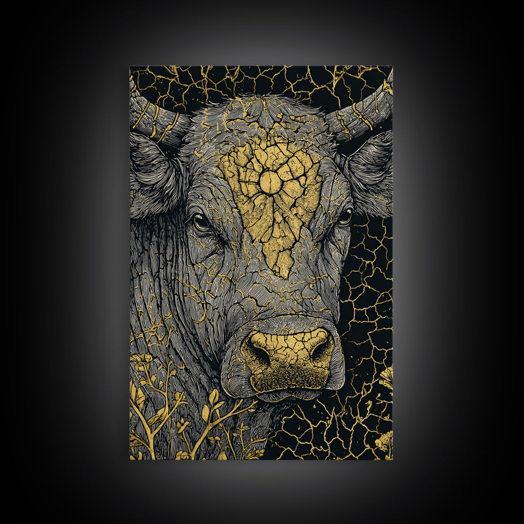 Cracked Gold Bull Portrait With Horns, Framed Canvas Print, Animal Wall Art, Black And Gold Art, Rustic Decor Statement Piece
