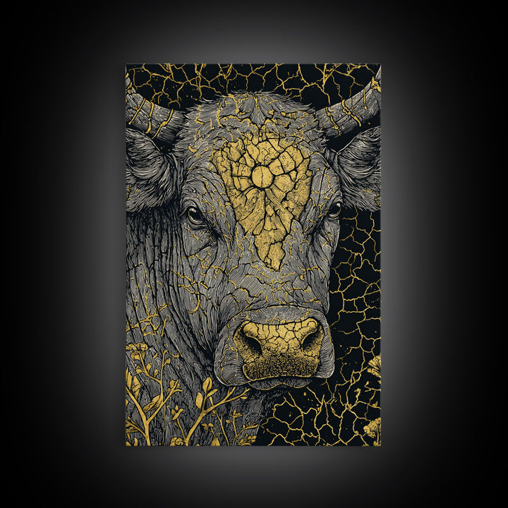 Cracked Gold Bull Portrait With Horns, Framed Canvas Print, Animal Wall Art, Black And Gold Art, Rustic Decor Statement Piece