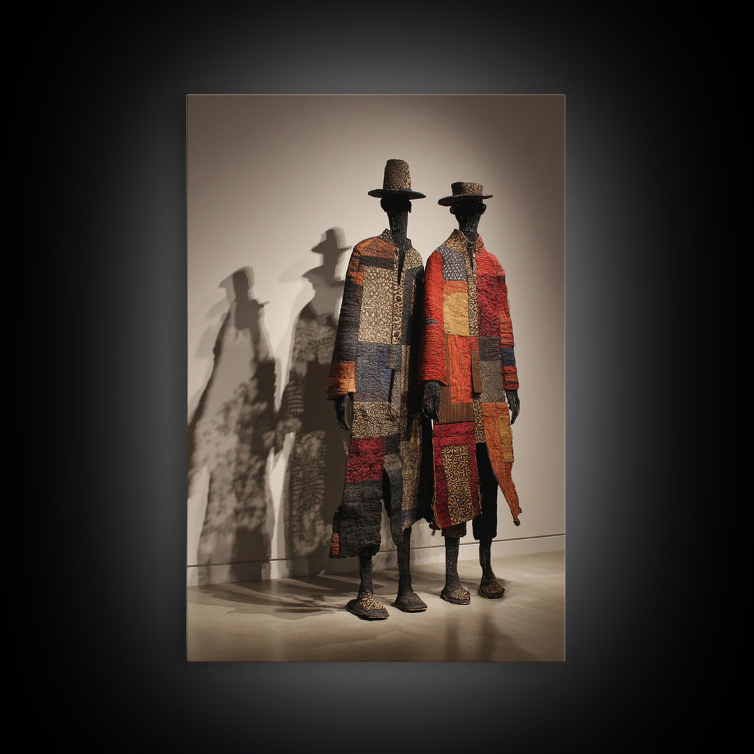Patchwork African Textile Figures In Hats, Framed Canvas Print, African Art Sculpture, Tribal Decor, Cultural Home Decor Gift