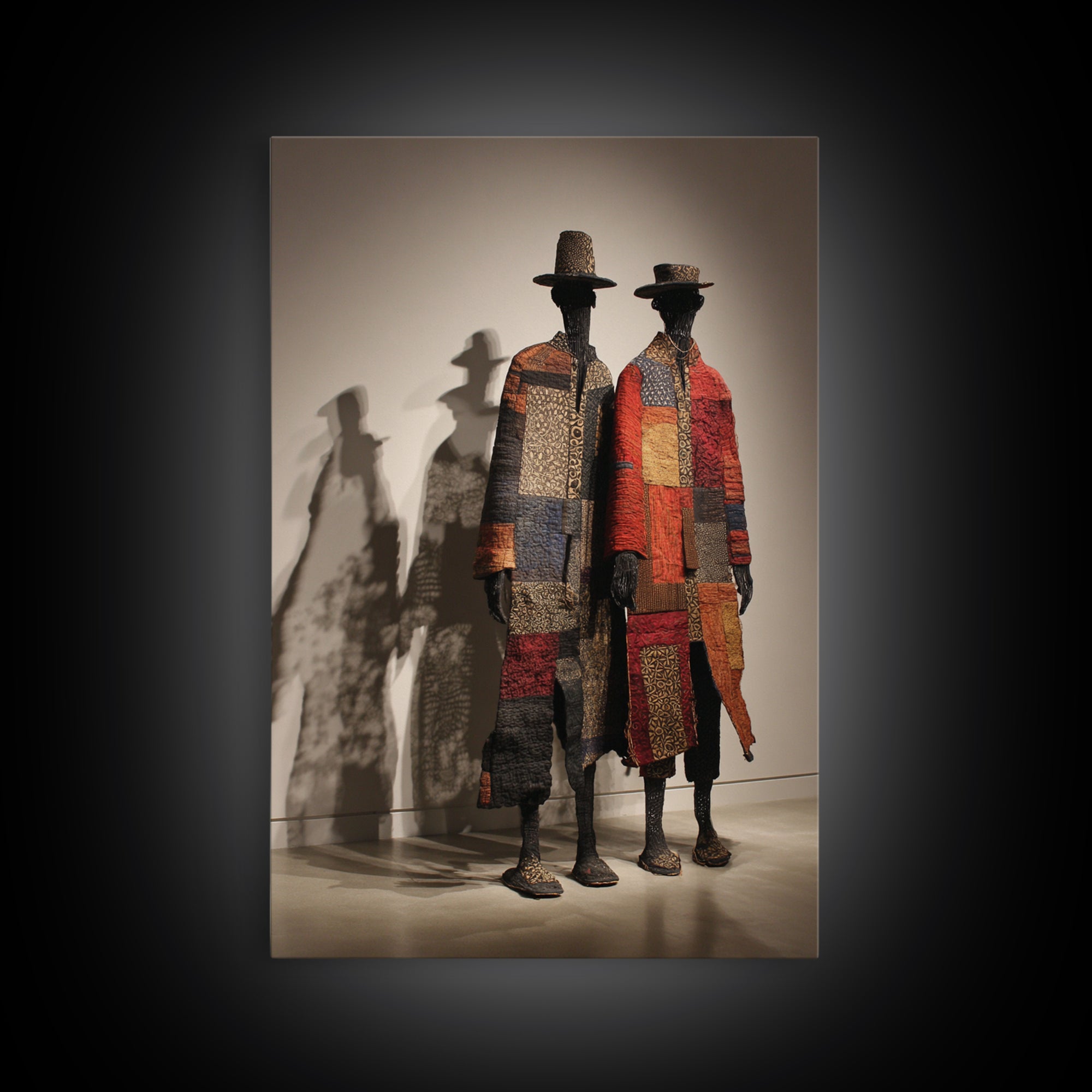 Patchwork African Textile Figures In Hats, Framed Canvas Print, African Art Sculpture, Tribal Decor, Cultural Home Decor Gift