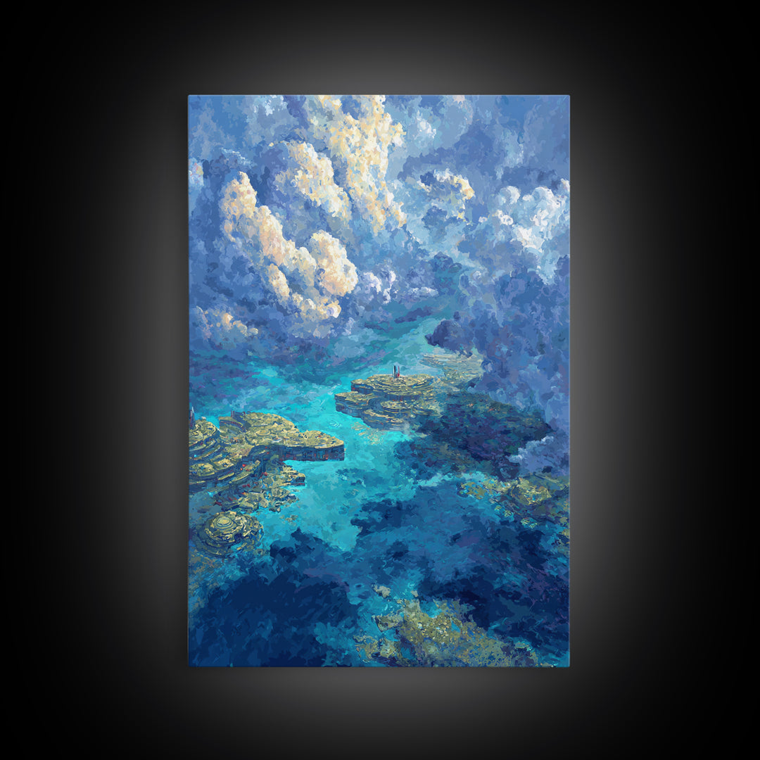 Dreamy Turquoise Ocean And Cloudscape Wall Art, Blue Nature Scene Art, Coastal Fantasy Landscape, Modern Canvas Decor Gift