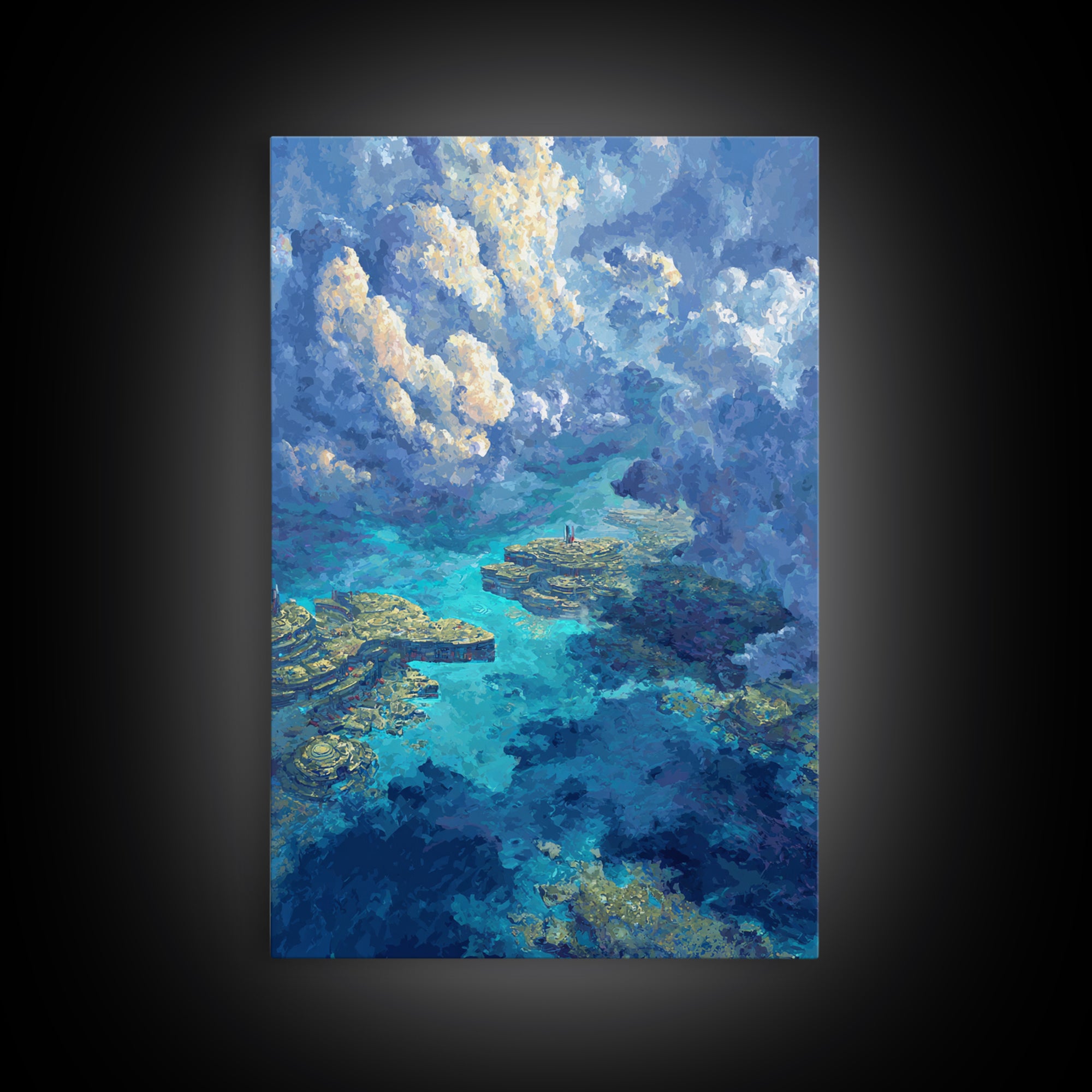 Dreamy Turquoise Ocean And Cloudscape Wall Art, Blue Nature Scene Art, Coastal Fantasy Landscape, Modern Canvas Decor Gift