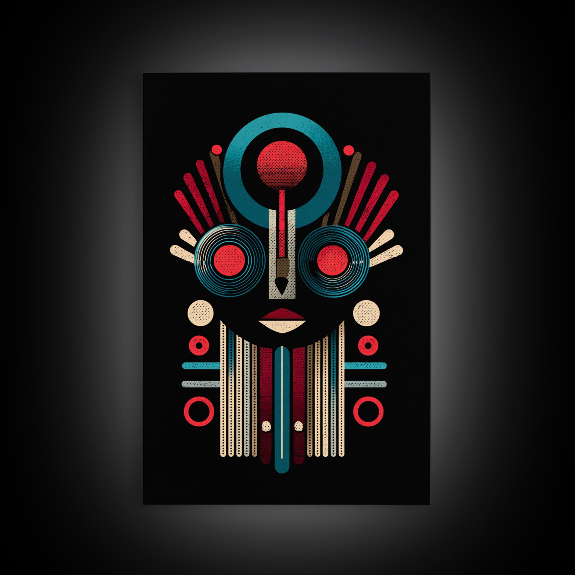 Geometric Tribal Mask In Red And Teal Canvas Print, African Mask Art, Abstract African Art, Afrocentric Wall Home Decor Gift