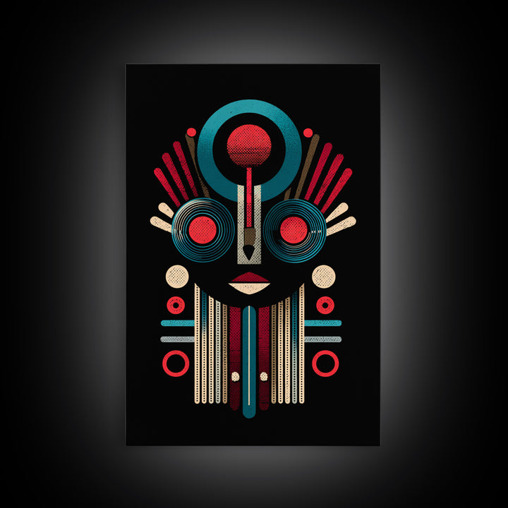 Geometric Tribal Mask In Red And Teal Canvas Print, African Mask Art, Abstract African Art, Afrocentric Wall Home Decor Gift