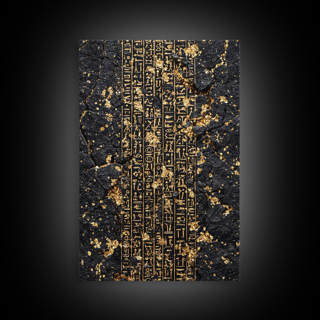 Gold Egyptian Hieroglyphs On Cracked Stone Wall Art, Ancient African Art, Black And Gold Art, Mystical Cultural Decor Gift