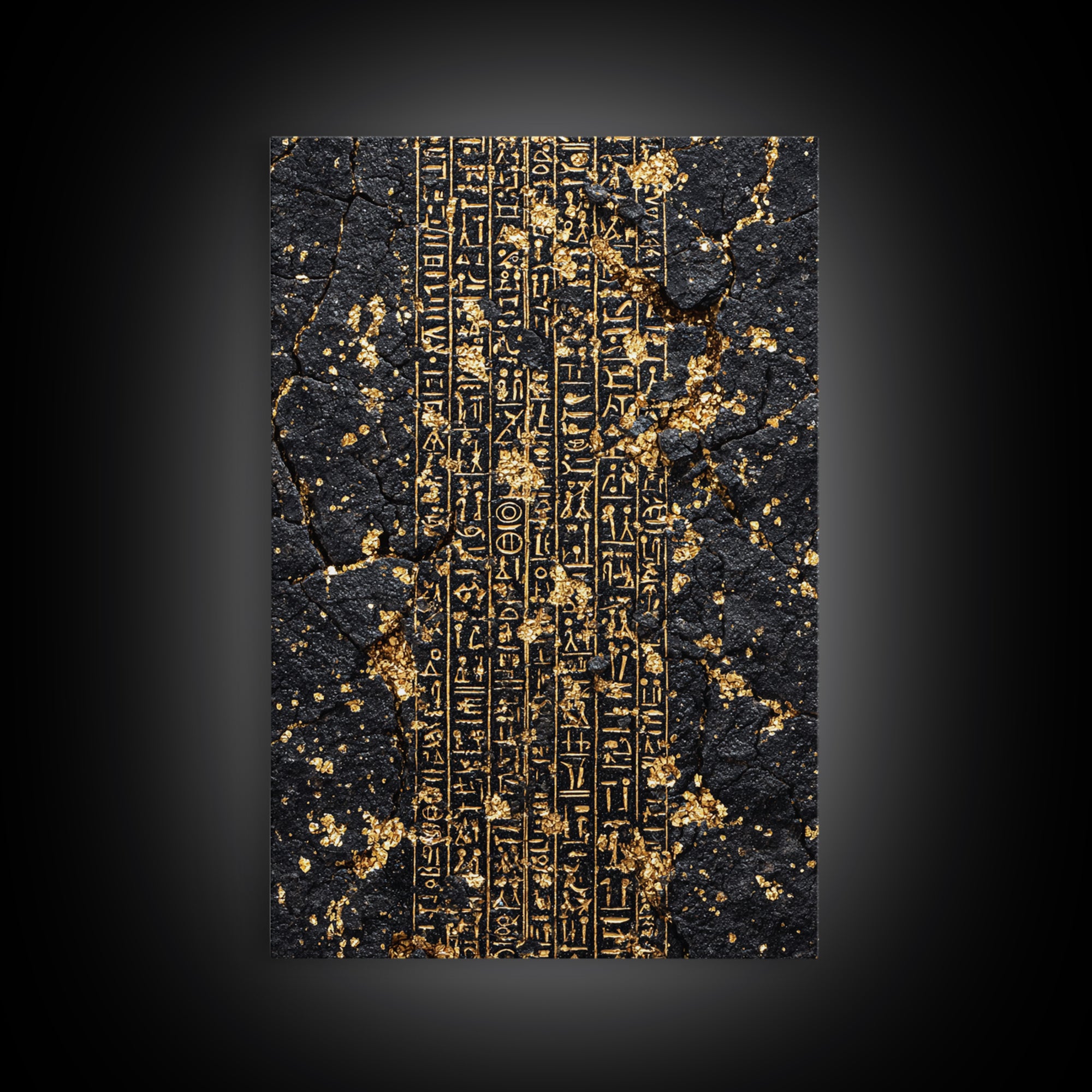 Gold Egyptian Hieroglyphs On Cracked Stone Wall Art, Ancient African Art, Black And Gold Art, Mystical Cultural Decor Gift