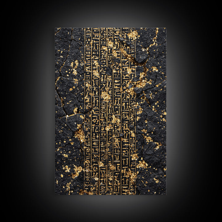 Gold Egyptian Hieroglyphs On Cracked Stone Wall Art, Ancient African Art, Black And Gold Art, Mystical Cultural Decor Gift