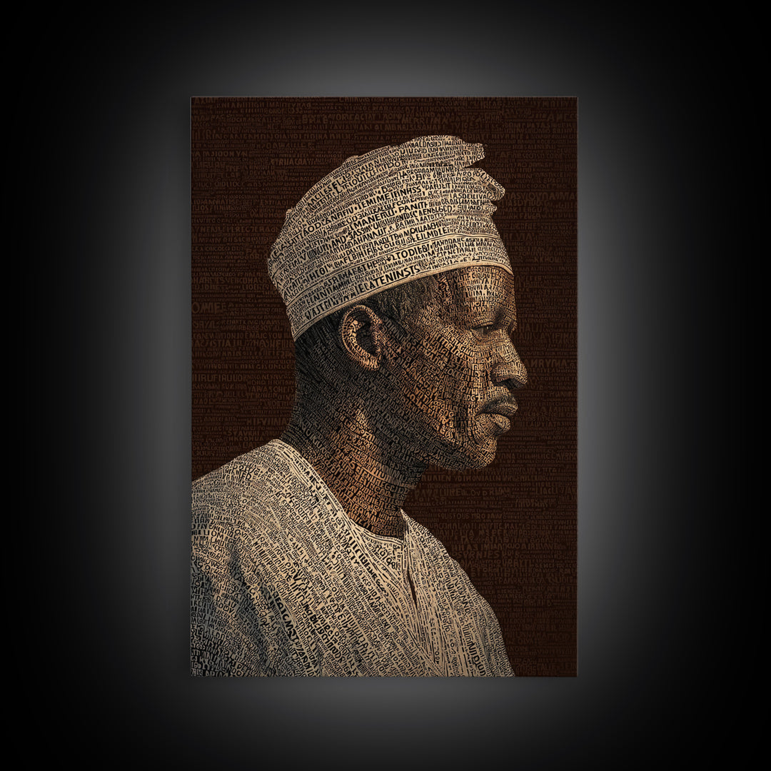 Sepia African Man Profile In Text Canvas Print, Black Man Artful Portrait, African American Art, Cultural Wall Decor Gift