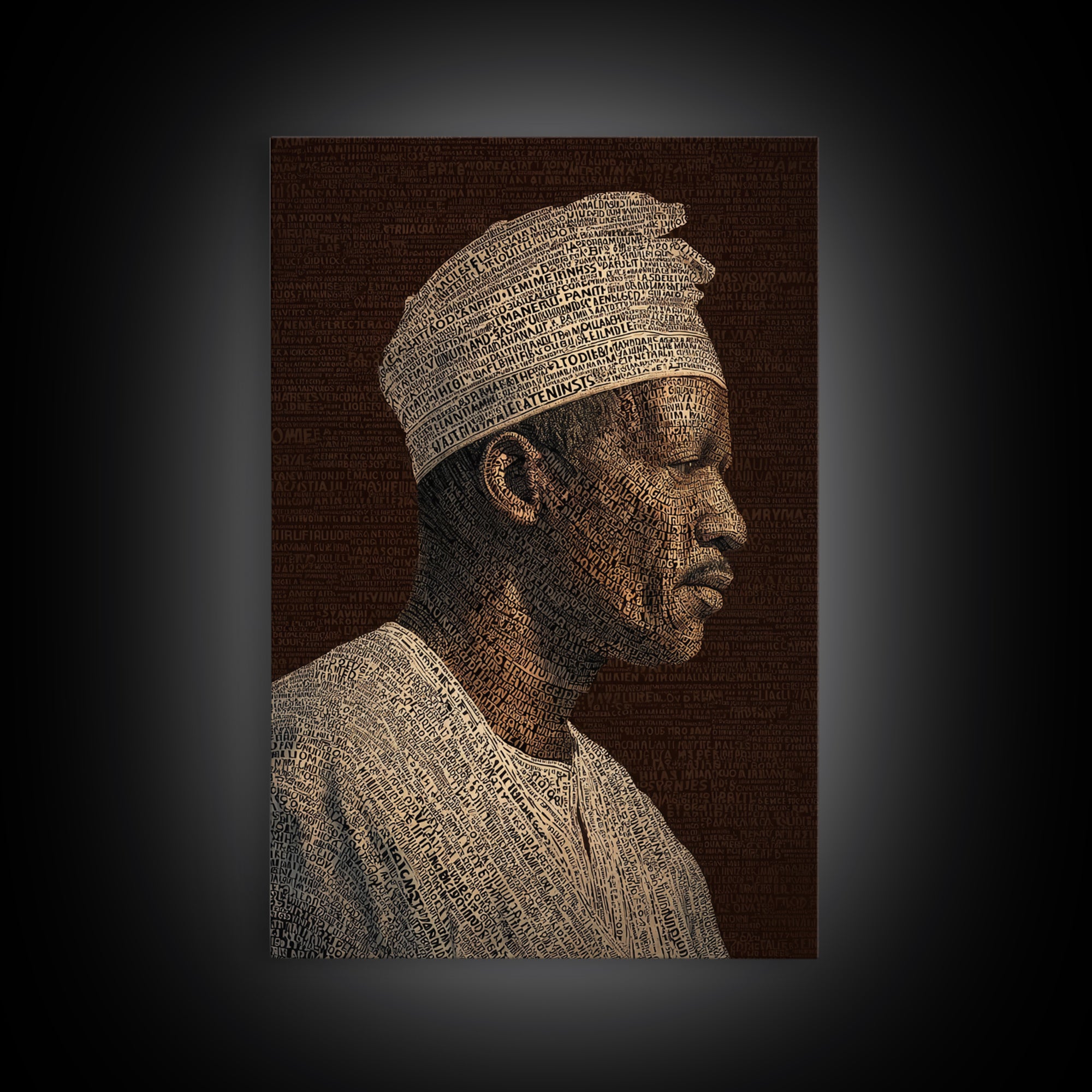 Sepia African Man Profile In Text Canvas Print, Black Man Artful Portrait, African American Art, Cultural Wall Decor Gift