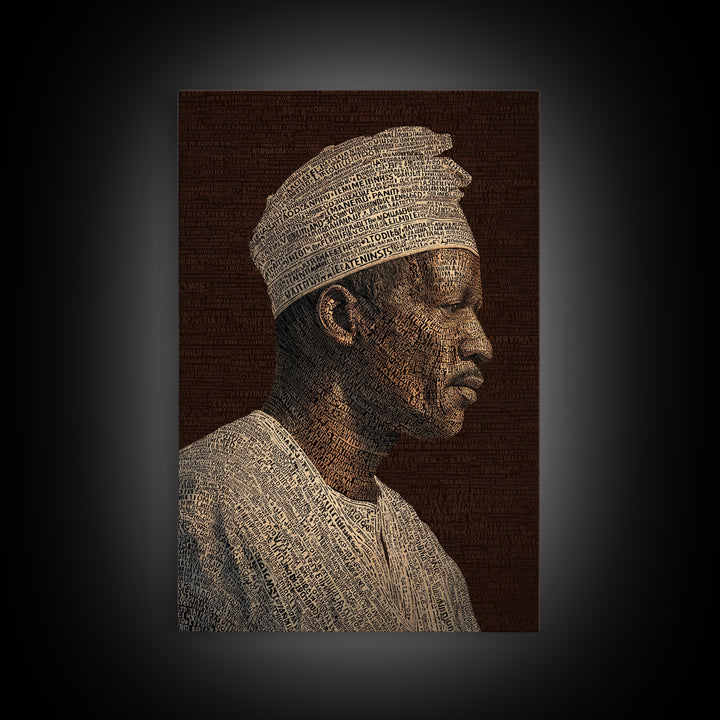 Sepia African Man Profile In Text Canvas Print, Black Man Artful Portrait, African American Art, Cultural Wall Decor Gift