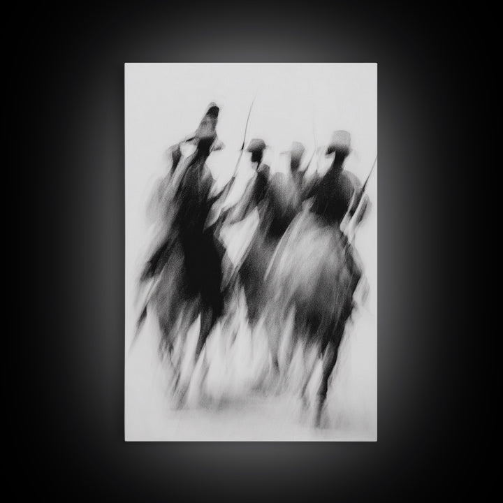 Blurred African Warriors Framed Canvas Print, Tribal Horsemen Wall Decor, Black And White Safari Art, Cultural Home Gift