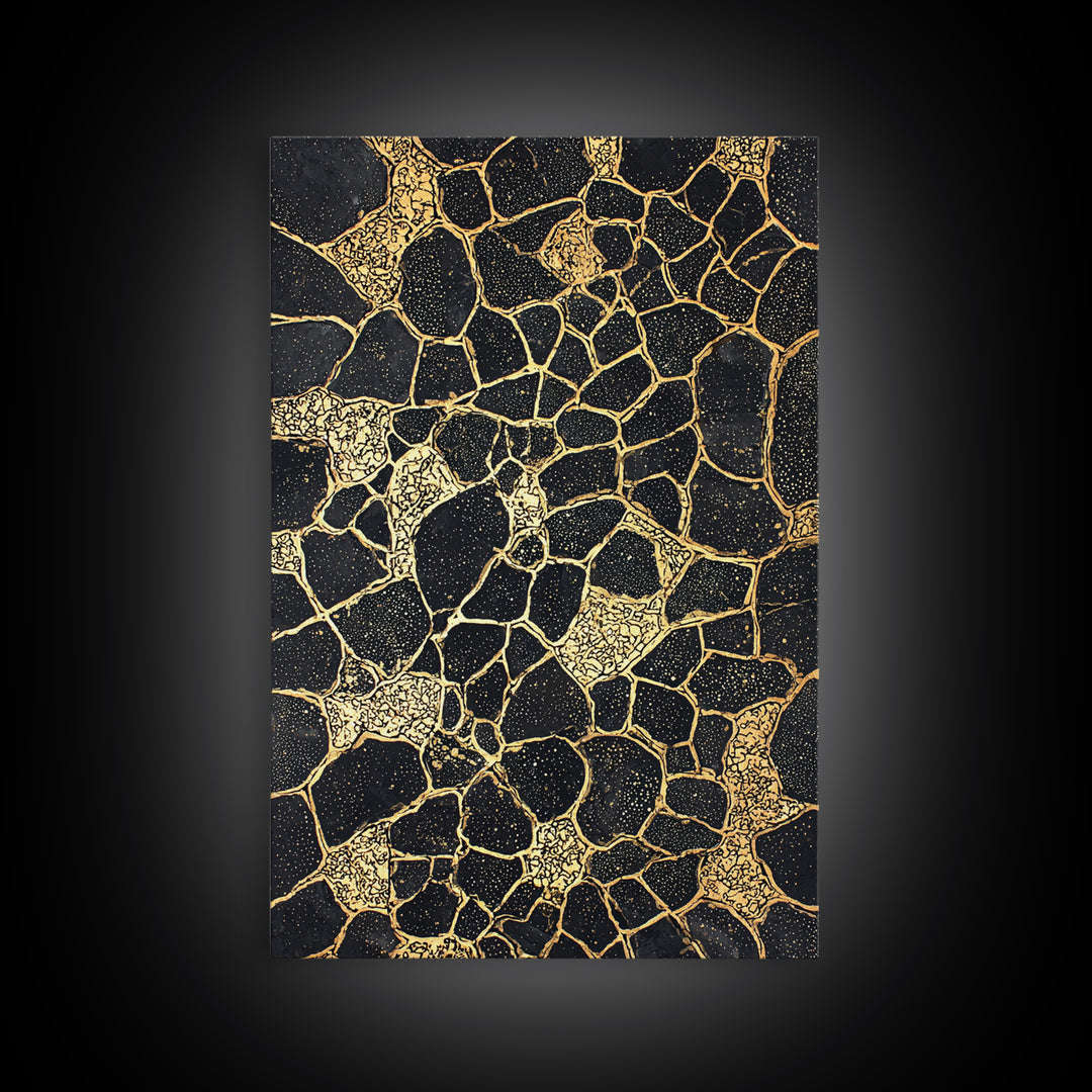 Black Gold Abstract Wall Art, Kintsugi Inspired Pattern Canvas, Luxury Modern Decor, Geometric Texture Print, Stylish Home Gift