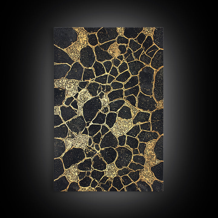 Black Gold Abstract Wall Art, Kintsugi Inspired Pattern Canvas, Luxury Modern Decor, Geometric Texture Print, Stylish Home Gift