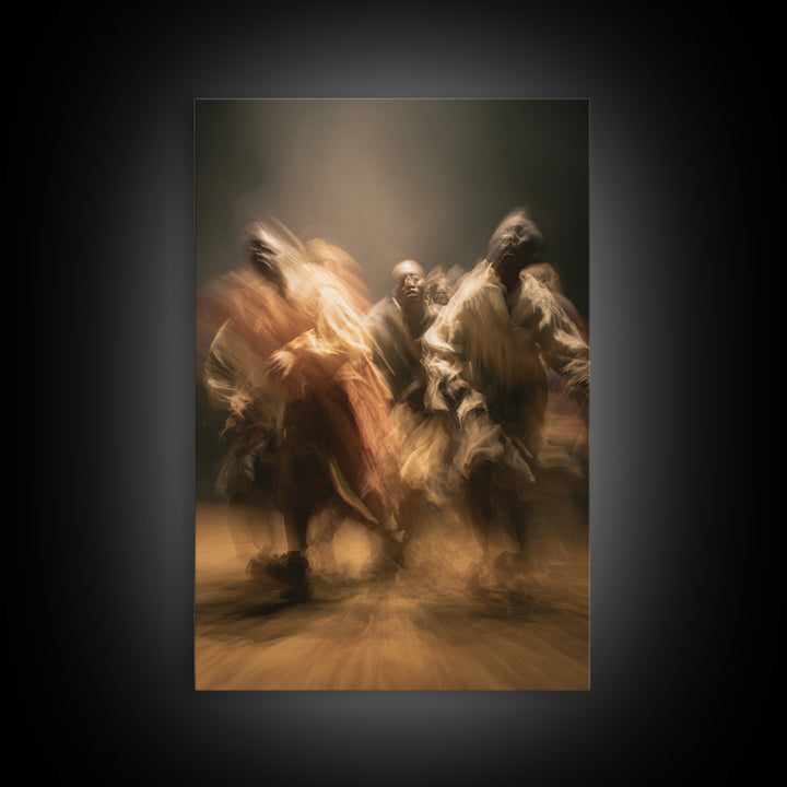 Golden African Dancers Framed Canvas Print, Expressive Motion Painting, Afrocentric Cultural Wall Decor, Dramatic Home Gift