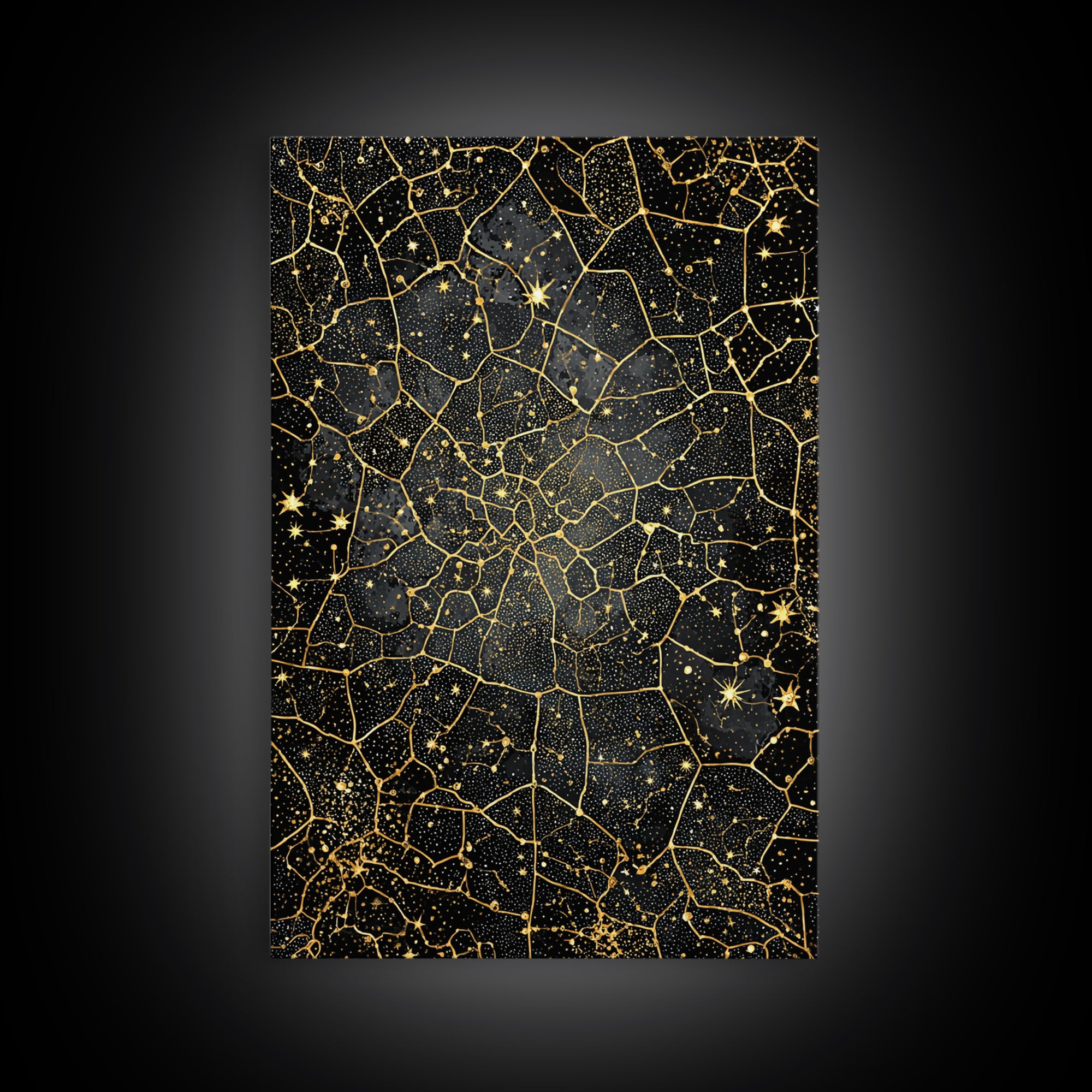 Black And Gold Celestial Crackle Pattern, Abstract Wall Art, Luxury Canvas Print, Geometric Home Decor, Starry Art, Modern Black Decor