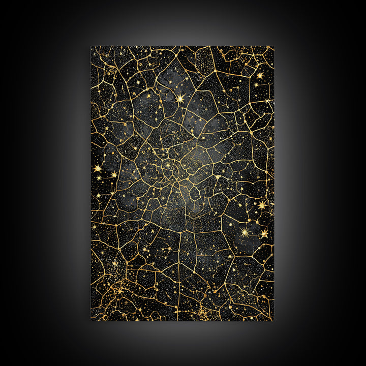 Black And Gold Celestial Crackle Pattern, Abstract Wall Art, Luxury Canvas Print, Geometric Home Decor, Starry Art, Modern Black Decor