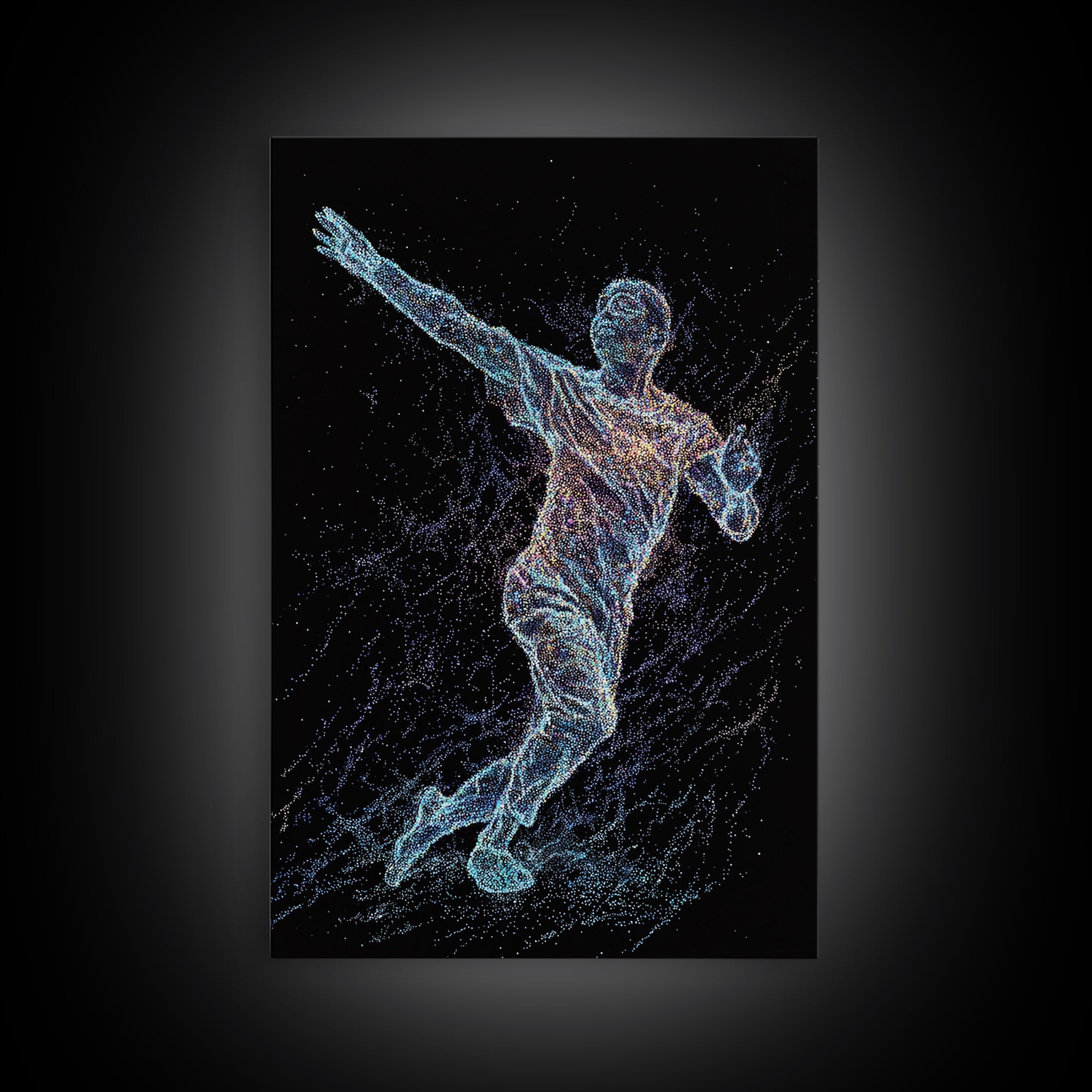 Glowing Soccer Player In Motion, Black Wall Art, Modern Canvas Print, Athletic Sports Decor, Futuristic Digital Art Gift