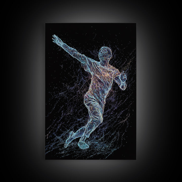 Glowing Soccer Player In Motion, Black Wall Art, Modern Canvas Print, Athletic Sports Decor, Futuristic Digital Art Gift