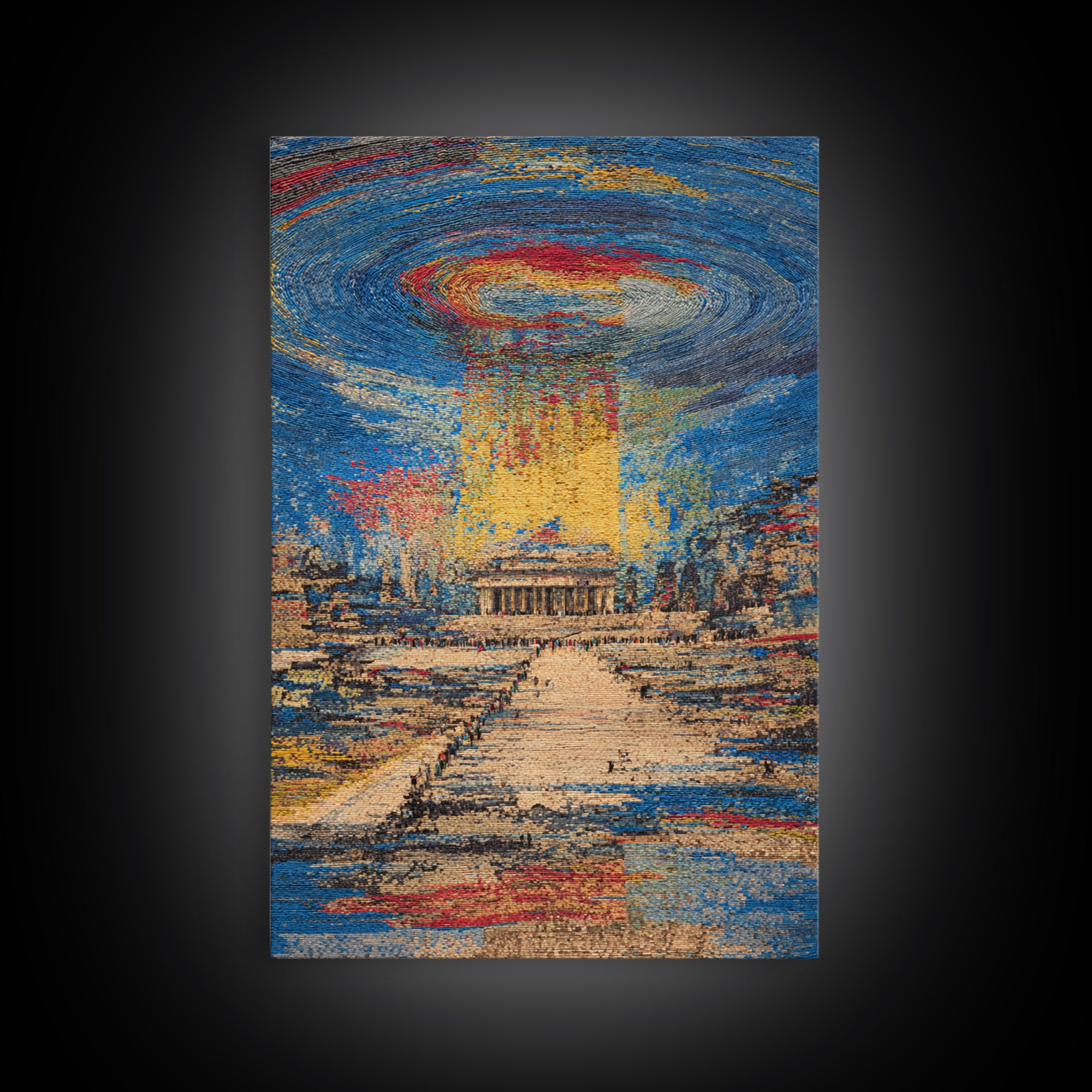 Monument Under Cosmic Portal, Modern Wall Art, Framed Canvas Print, Cityscape Home Decor, Sci Fi Abstract Statement Gift