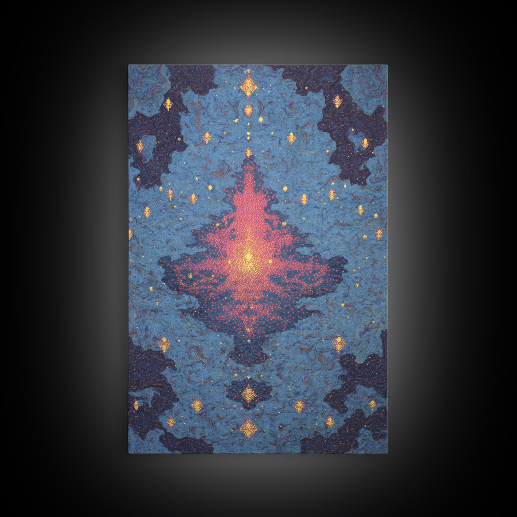 Blue Pink Glowing Mandala Reflection, Abstract Wall Art, Modern Canvas Print, Spiritual Meditation Room Decor, Colorful Gift