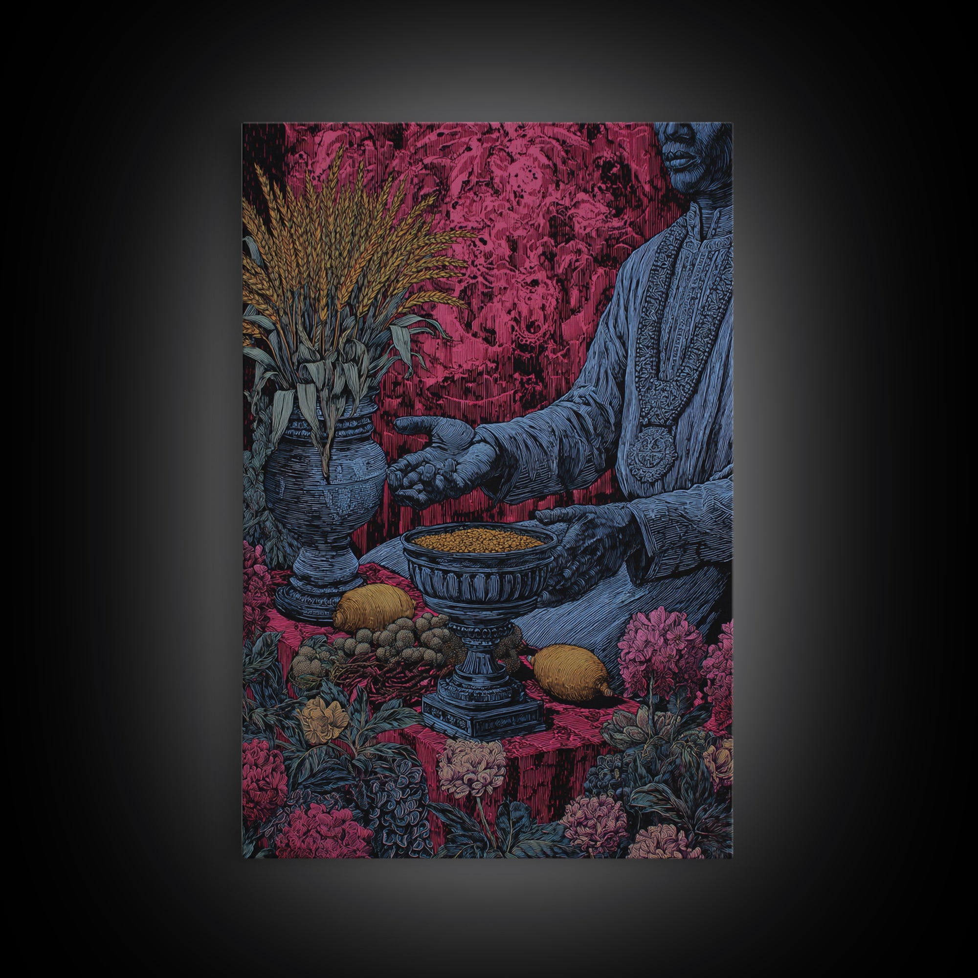 Floral Ritual Still Life With Reaching Hand, Cultural Wall Art, Framed Canvas Print, Afrocentric Ceremony Home Decor Gift