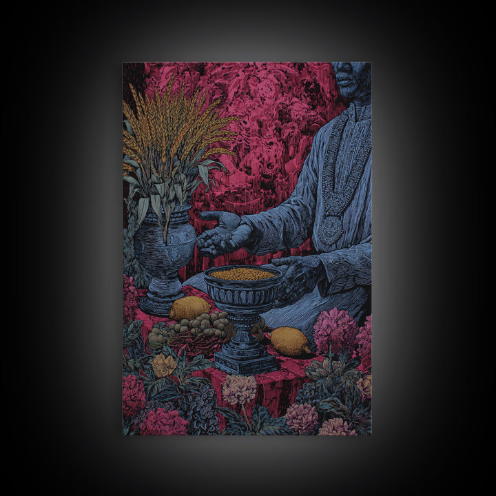 Floral Ritual Still Life With Reaching Hand, Cultural Wall Art, Framed Canvas Print, Afrocentric Ceremony Home Decor Gift