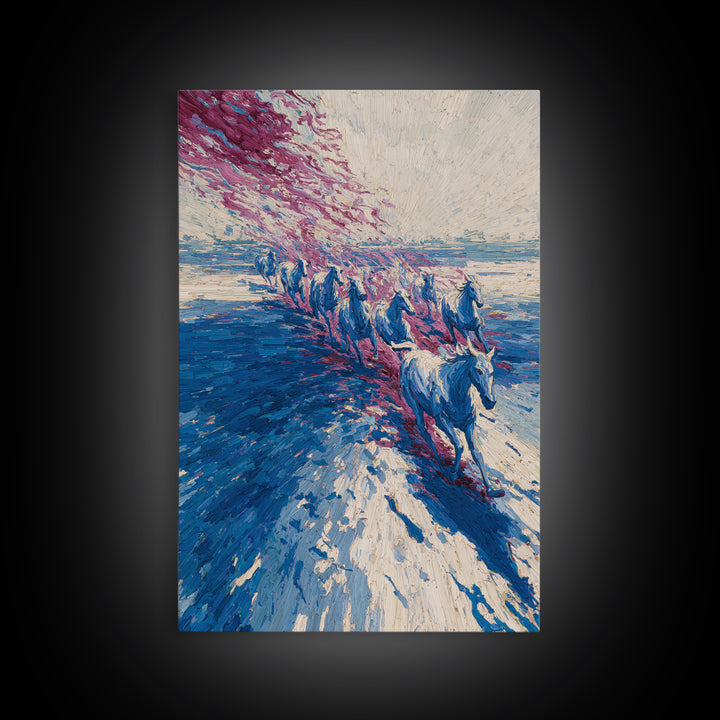 Blue Horses Running On Beach Wall Art, Abstract Coastal Canvas, Wild Horse Painting, Modern Living Room Decor Statement Gift