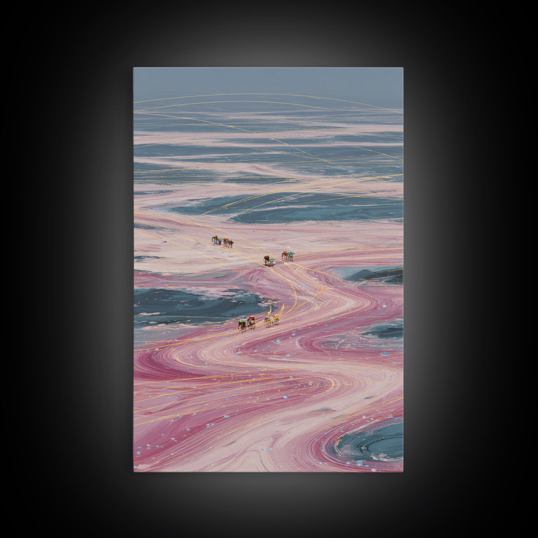 Pastel Desert Caravan Trails Canvas Print, Surreal Landscape Wall Decor, Dreamy Abstract Art For Unique Modern Home Decor