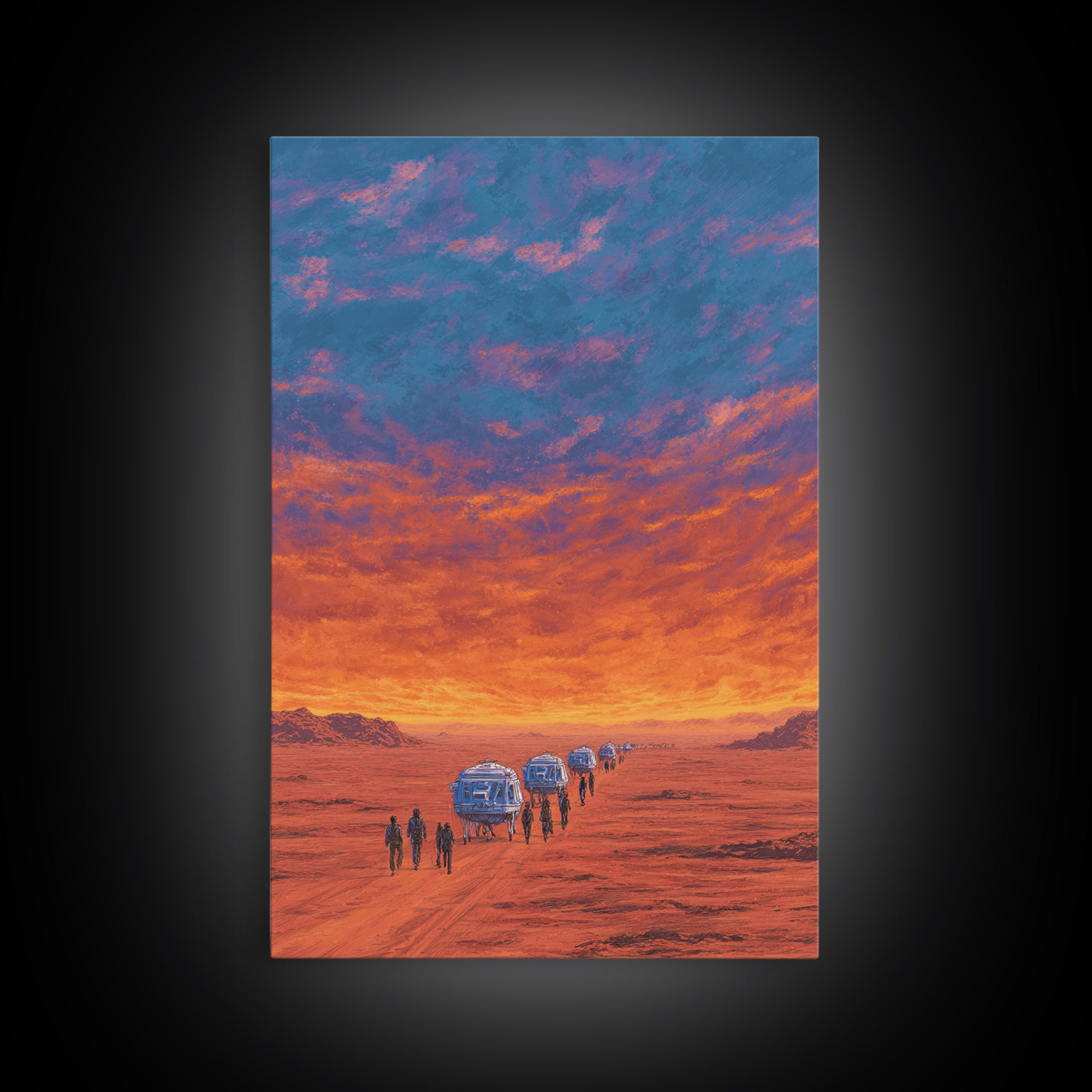 Futuristic Desert Convoy At Sunset Wall Art, Orange Sci Fi Landscape, Mars Travel Poster, Modern Canvas Statement Decor Gift