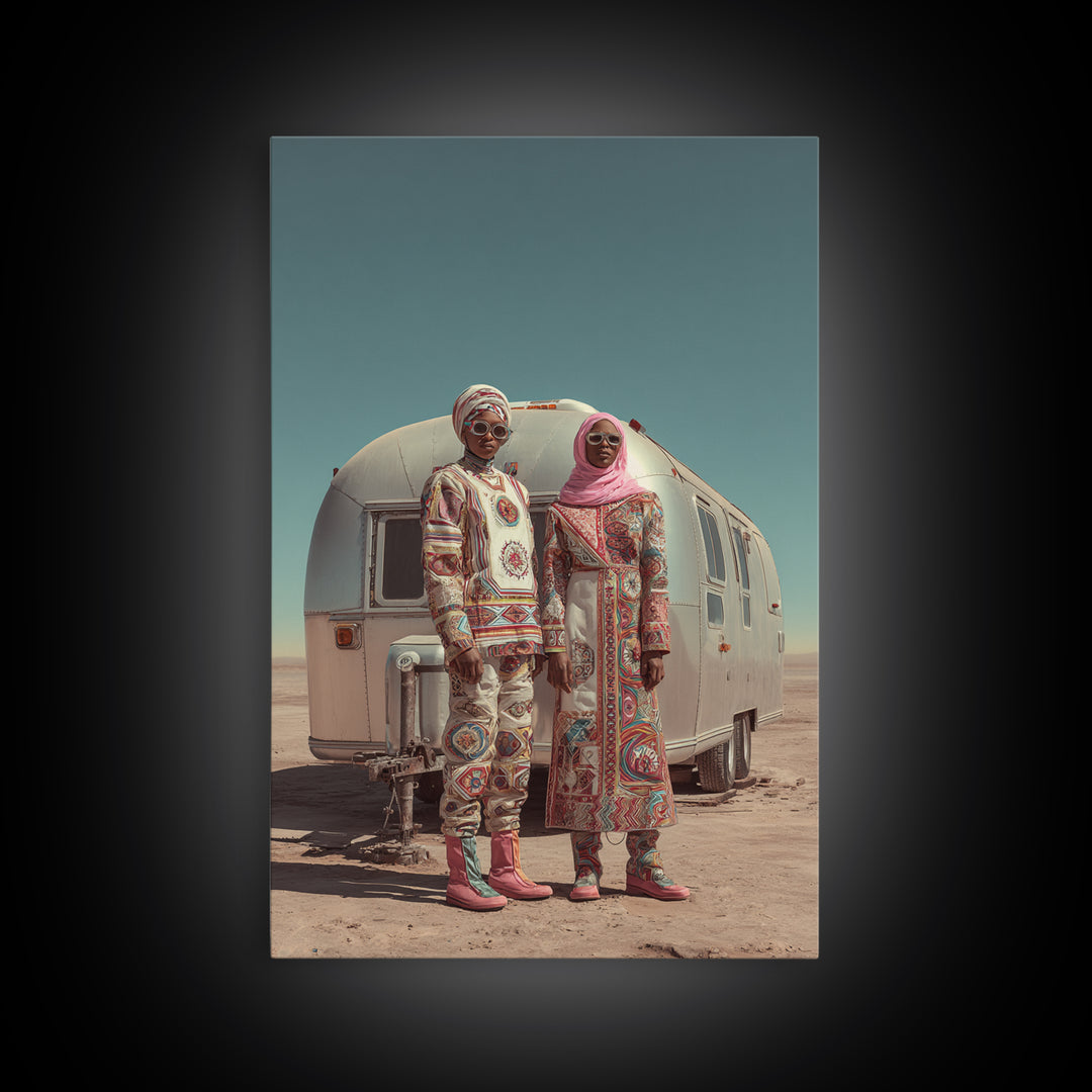 Afrofuturist Desert Couple Framed Canvas Print, African Fashion Portrait, Unique Camper Travel Wall Decor, Black Art Gift