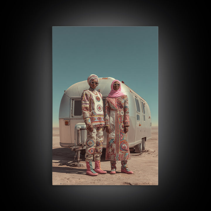 Afrofuturist Desert Couple Framed Canvas Print, African Fashion Portrait, Unique Camper Travel Wall Decor, Black Art Gift