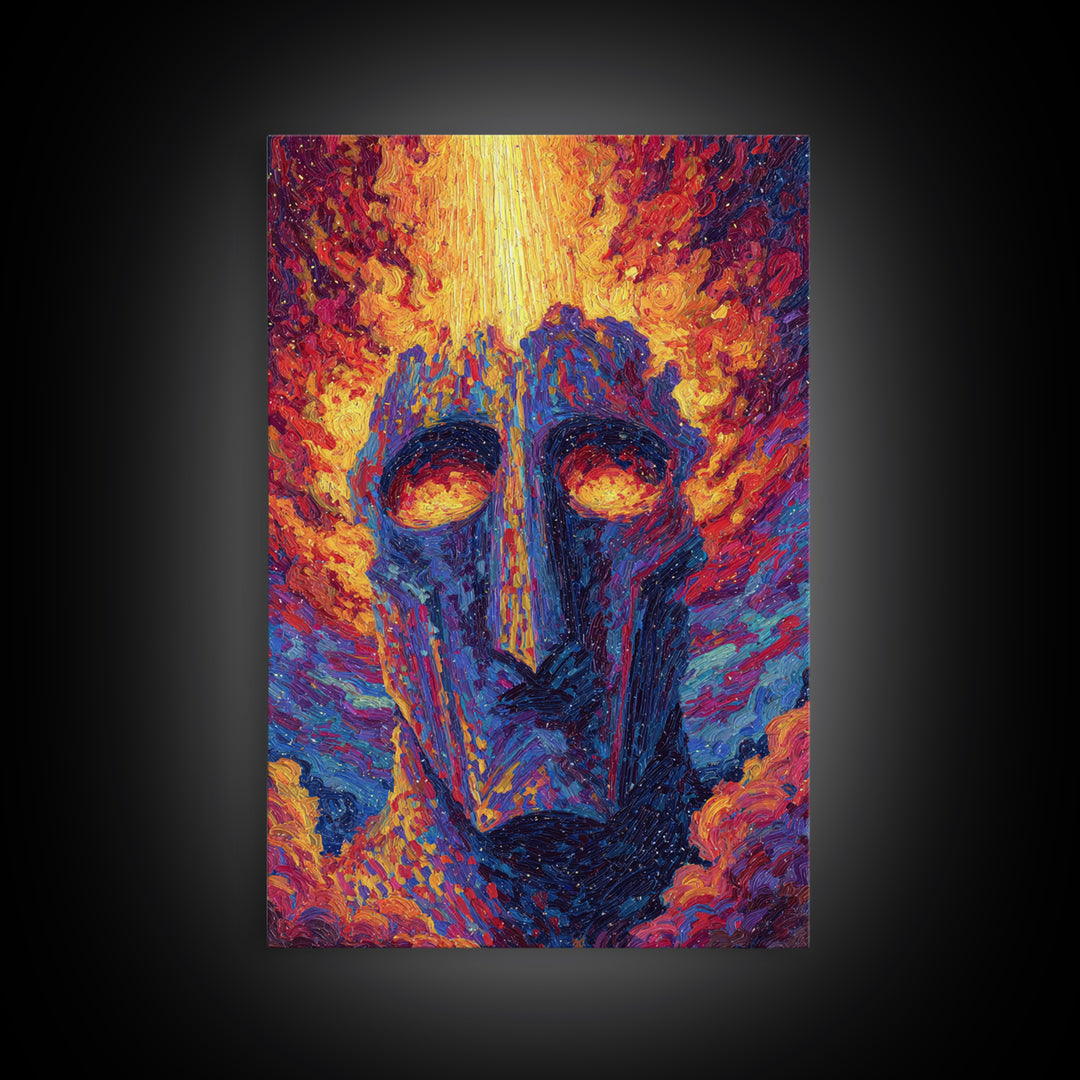 Fiery African Mask Canvas Print, Abstract Tribal Face Painting, Afrocentric Wall Decor, Modern Colorful African Art Gift