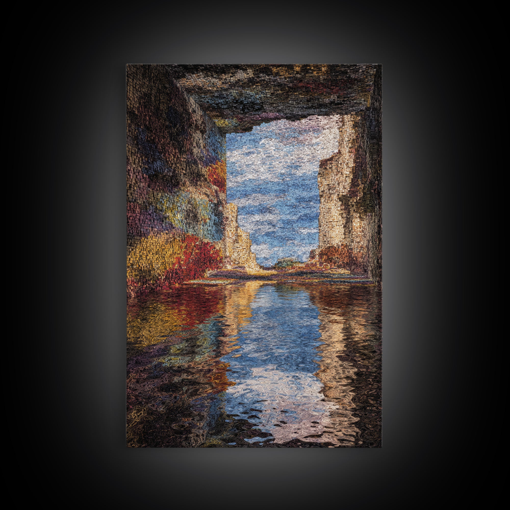 Ocean Cave Reflection Wall Art, Impressionist Seascape Painting, Coastal Landscape Canvas, Nature Scene Living Room Decor