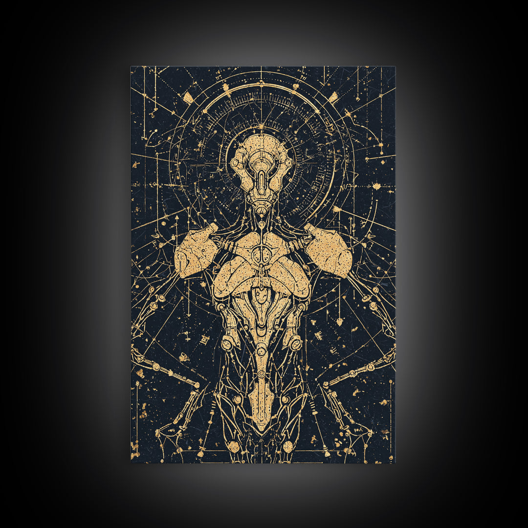Gold Celestial Cyborg Blueprint Canvas Print, Afrofuturism Wall Decor, Sacred Geometry Robot Art, Modern Black And Gold Decor