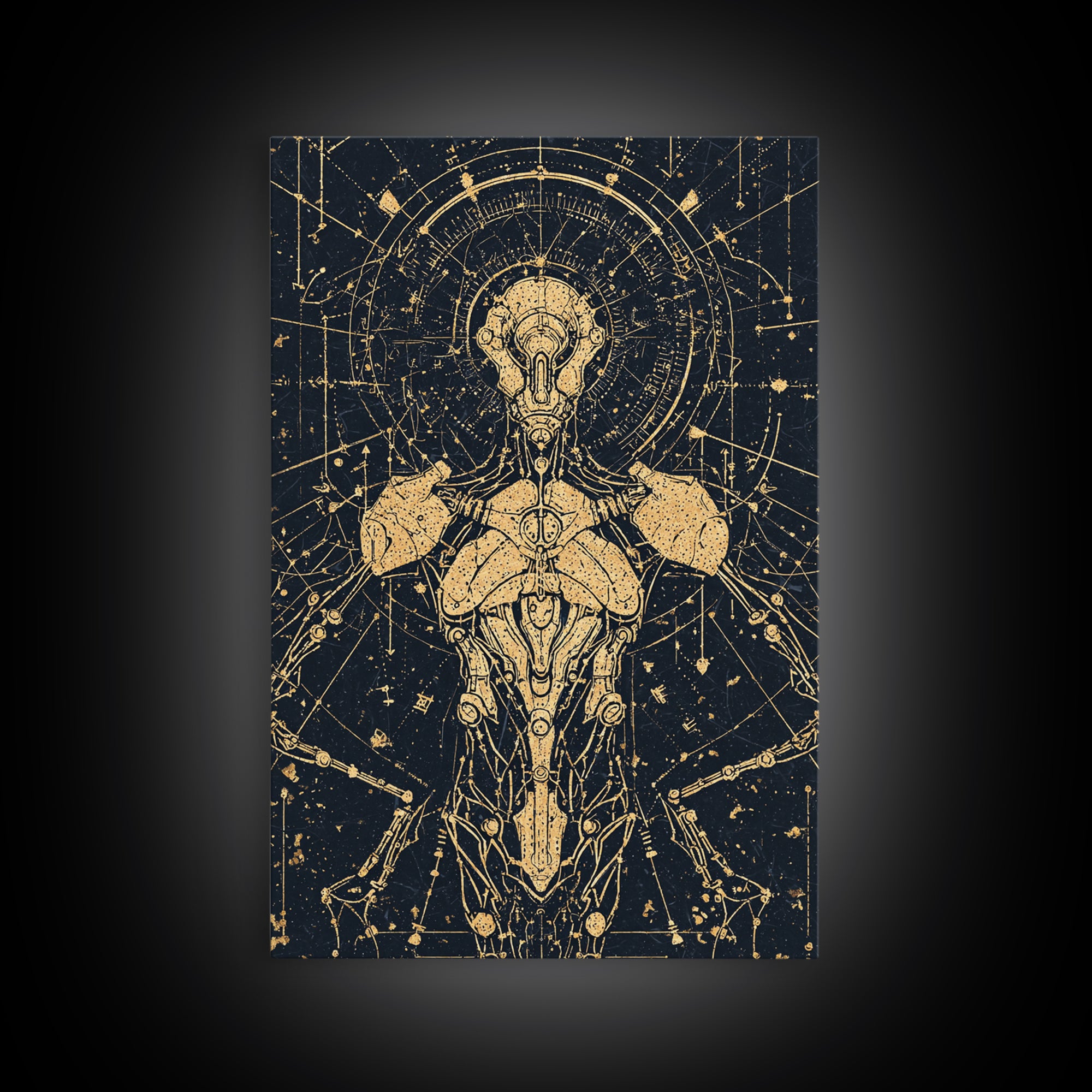 Gold Celestial Cyborg Blueprint Canvas Print, Afrofuturism Wall Decor, Sacred Geometry Robot Art, Modern Black And Gold Decor