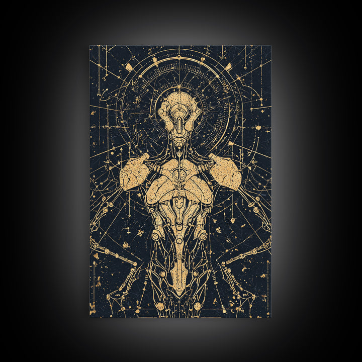 Gold Celestial Cyborg Blueprint Canvas Print, Afrofuturism Wall Decor, Sacred Geometry Robot Art, Modern Black And Gold Decor