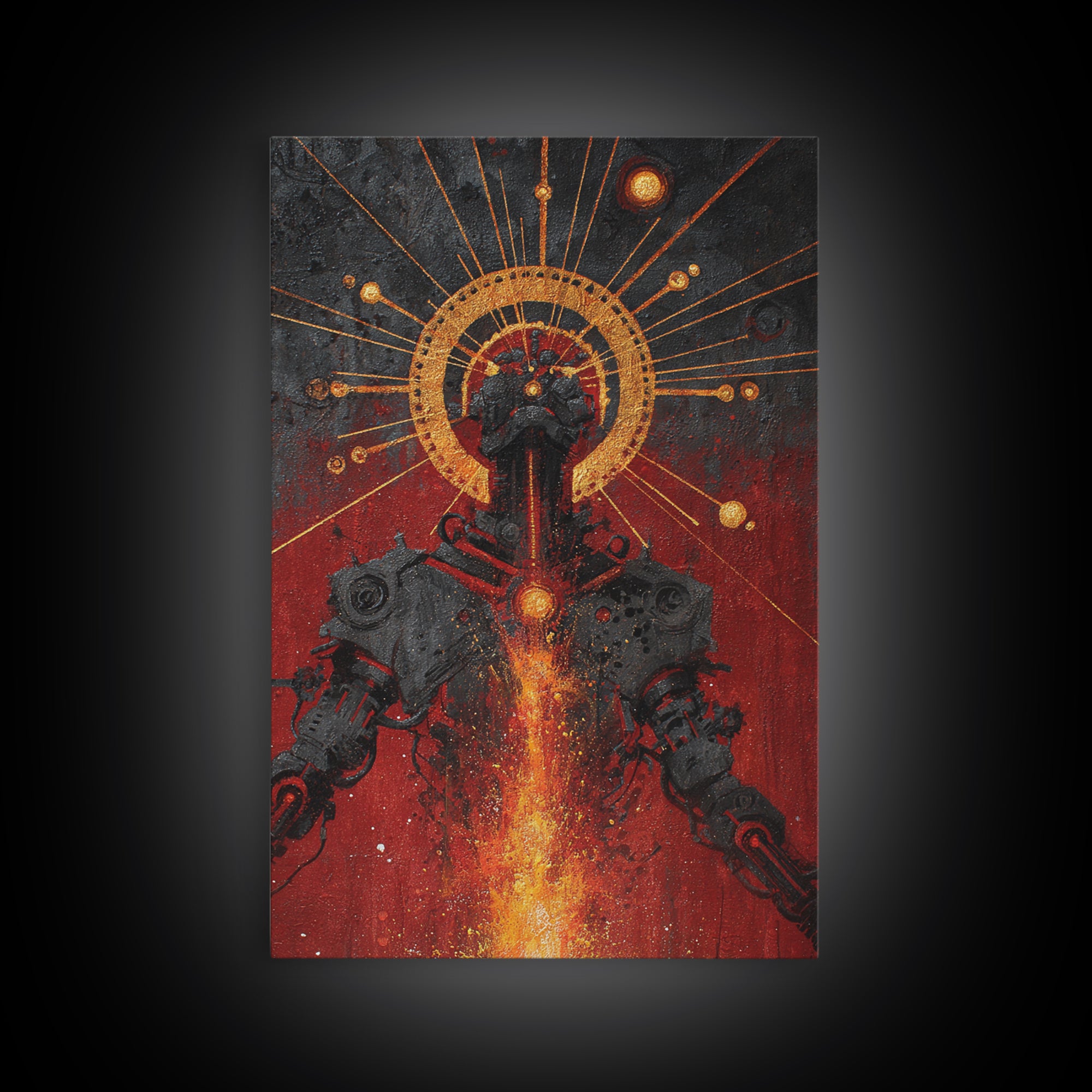 Black Android With Golden Halo Framed Canvas Print, Afrofuturism Wall Art, Red Fire Robot Portrait, Spiritual Decor Gift