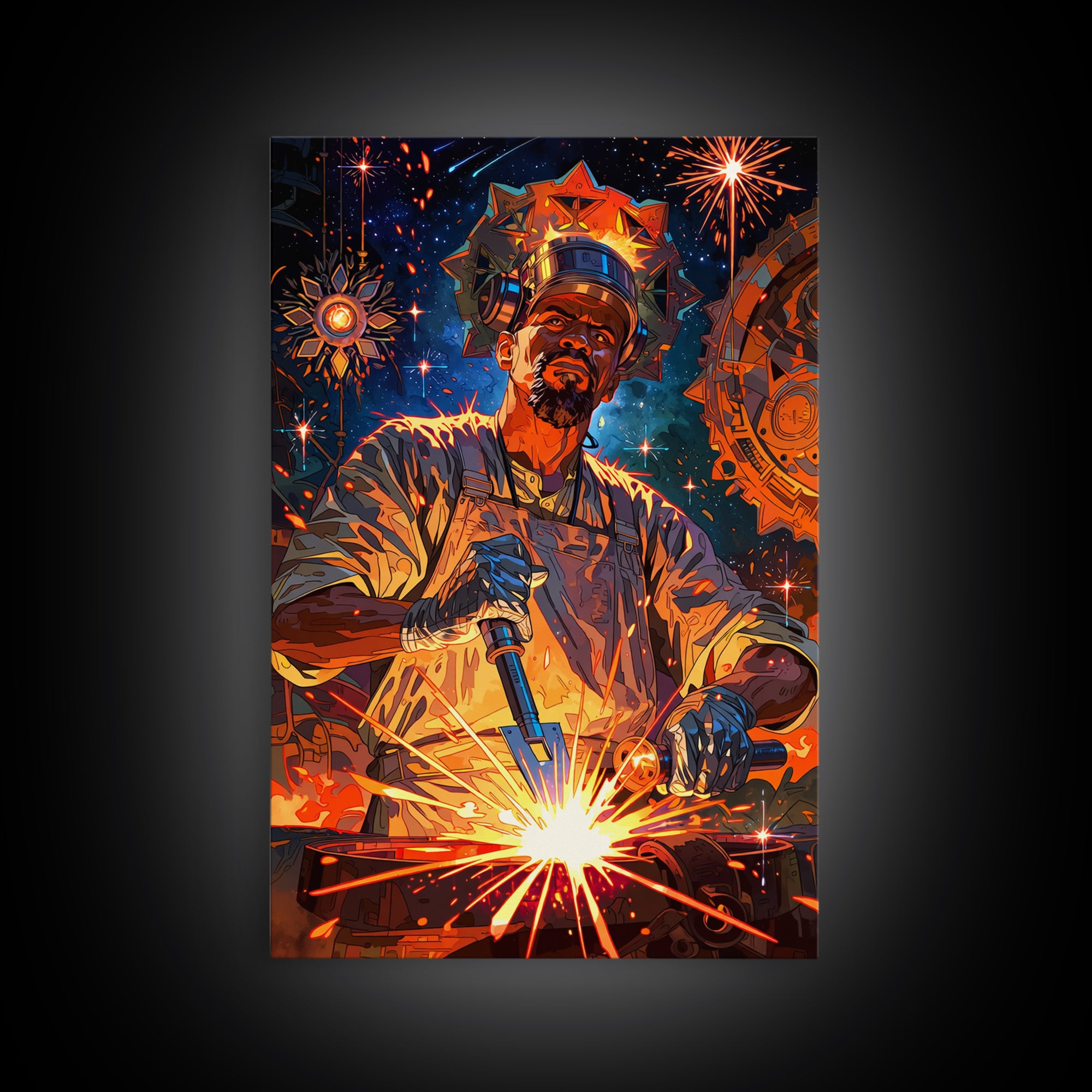 Regal Black Welder Forging Sparks Wall Art, Afrocentric Industrial Portrait, Black Man Art, Modern African Art Decor Gift