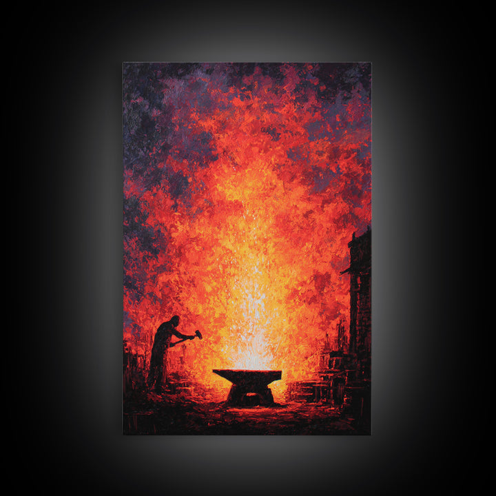 Lone Blacksmith Before Blazing Forge Wall Art, Fiery African Inspired Painting, Rustic Industrial Home Decor Gift For Him