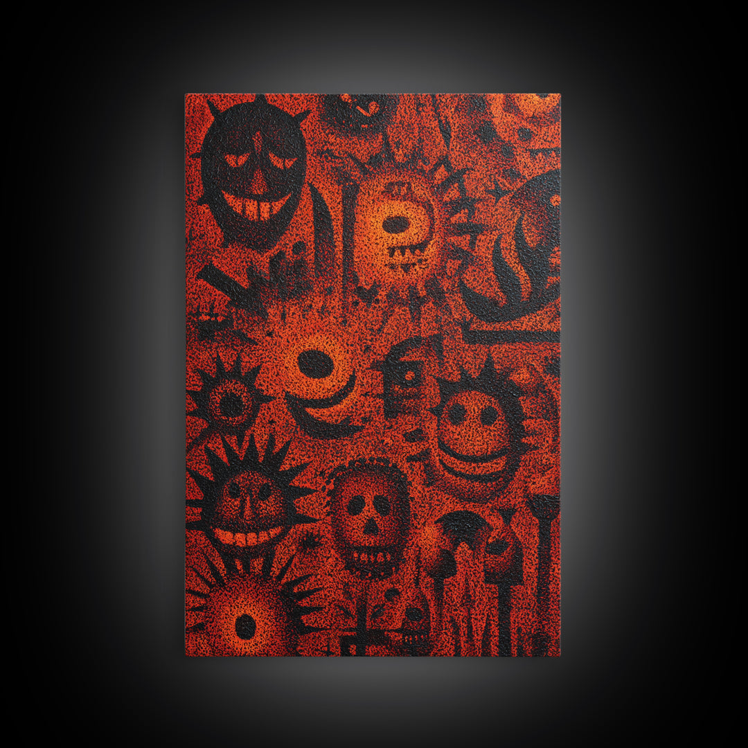 Orange African Mask Pattern Canvas Print, Tribal Symbols Abstract Wall Decor, Afrocentric Art, Cultural Home Decor Gift Idea